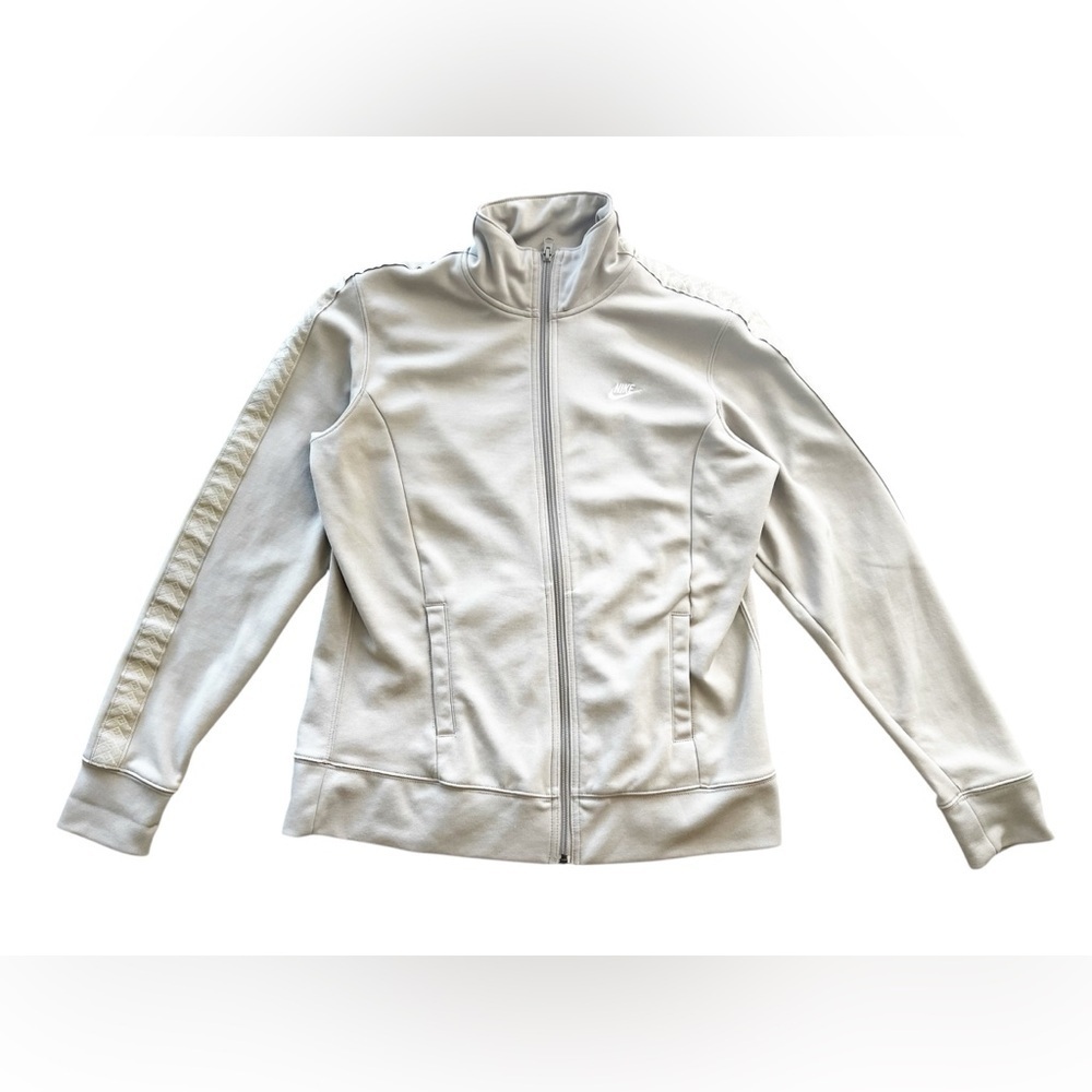 Nike Women’s Large Beige Track Jacket Zip Logo Sleeve Retro Y2K Athleisure